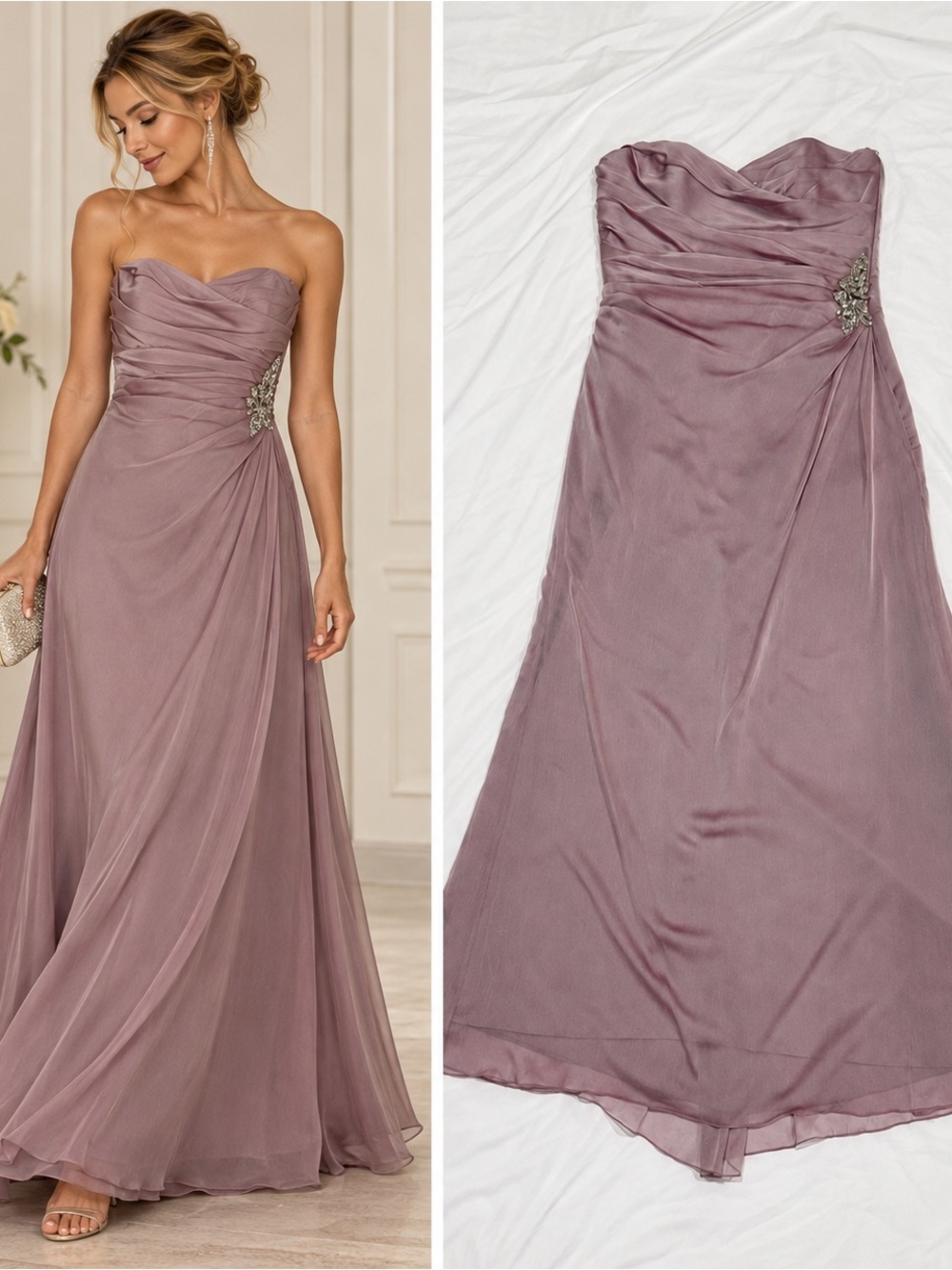 Vintage Jim Hjelm Mauve Chiffon Rhinestone Strapless Gown 12